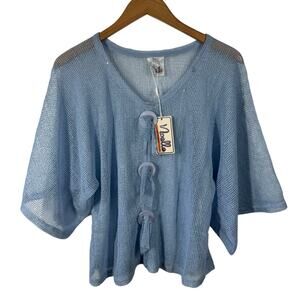 NOELLE Top Women OS Blue Sequin Mesh Crop Swim Cover Blouse Shirt Sheer Beach